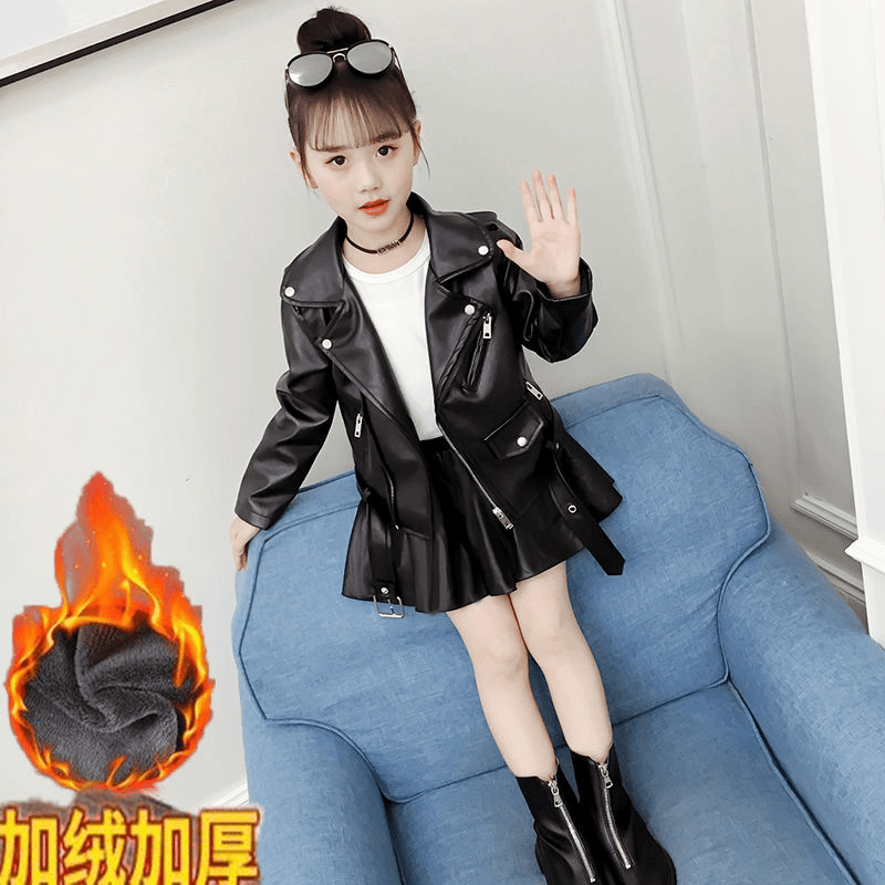 女童皮衣新款春秋冬装加绒儿童韩版中大童夹克小女孩洋气套装