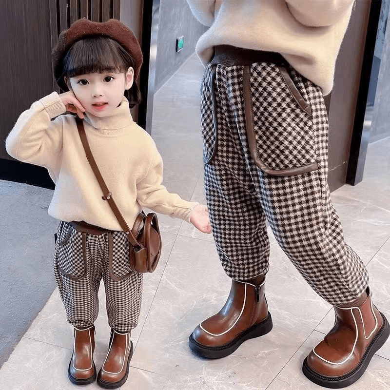 【推荐】女童加绒裤子哈伦裤秋冬外穿洋气格子宝宝儿童冬季