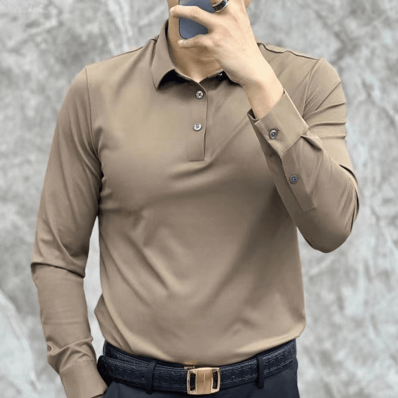 秋季新款男士纯色垂顺抗皱商务休闲百搭长袖Polo衫时尚修身上衣