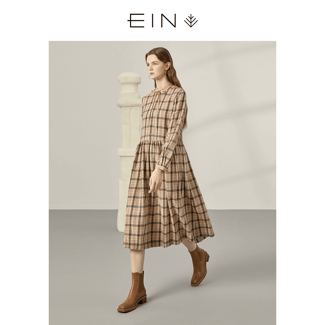 EIN/言新品文艺复古小众原创休闲羊毛格纹长袖连衣裙女WD0203341