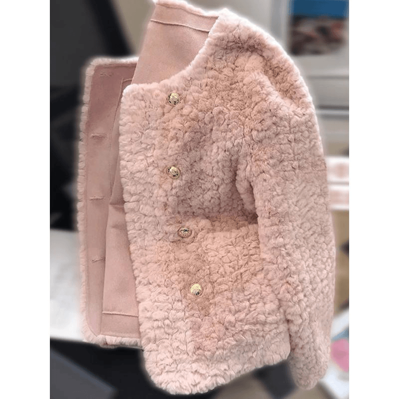 时尚网红加厚早春粉色羊羔毛小香风毛毛外套圆领感洋气小个子外穿