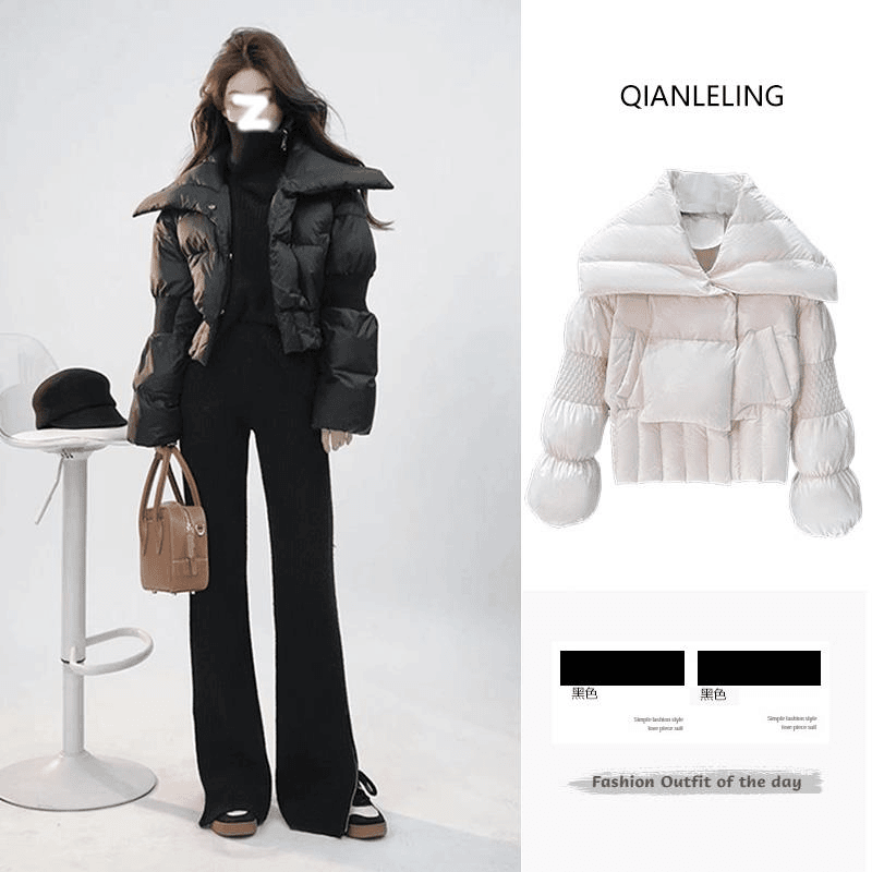 黑色大翻领短款羽绒棉服女冬季小个子肯豆风显瘦加厚棉衣棉袄外套