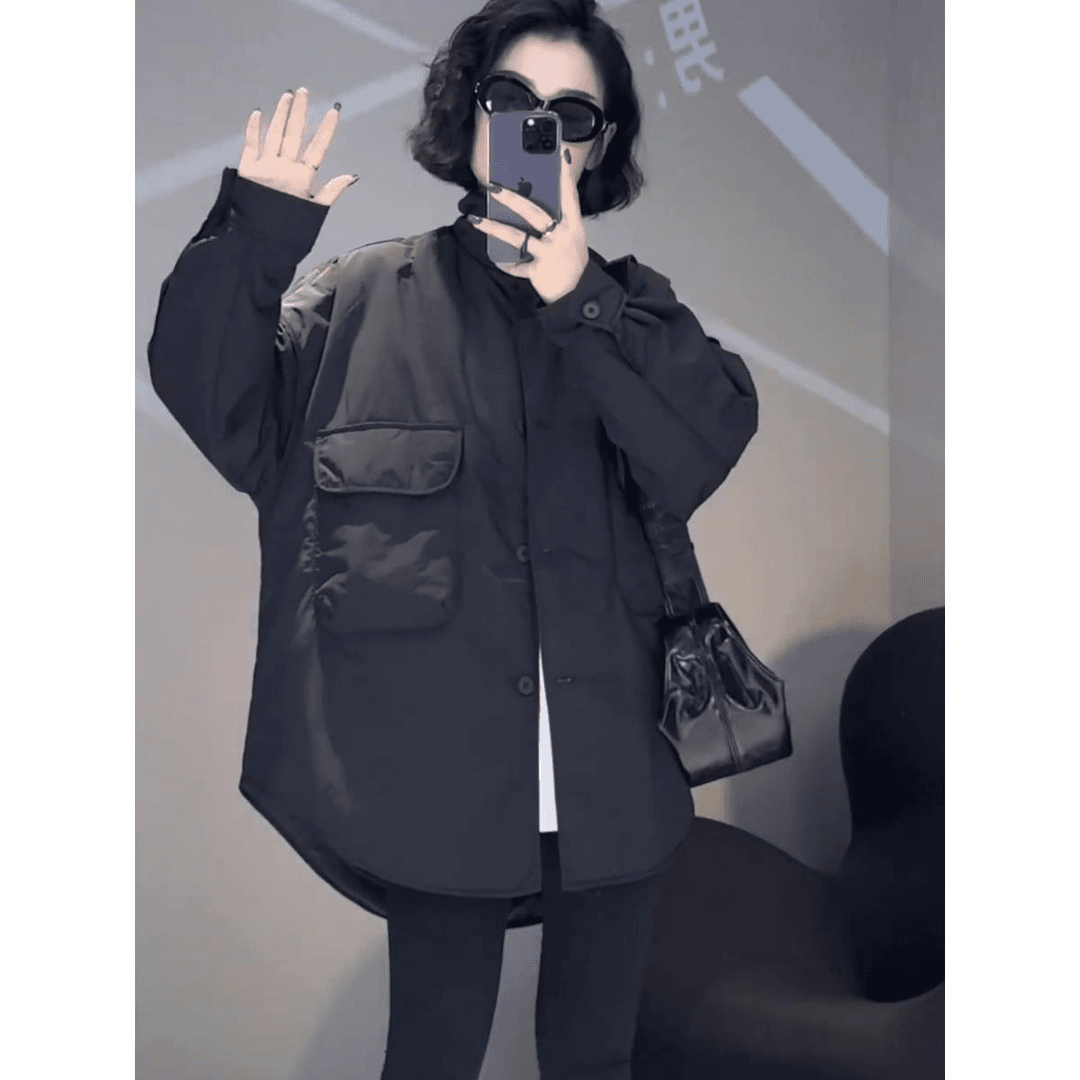 欧洲站韩版时尚宽松工装大口袋简约立领中长棉外套女秋冬休闲上衣