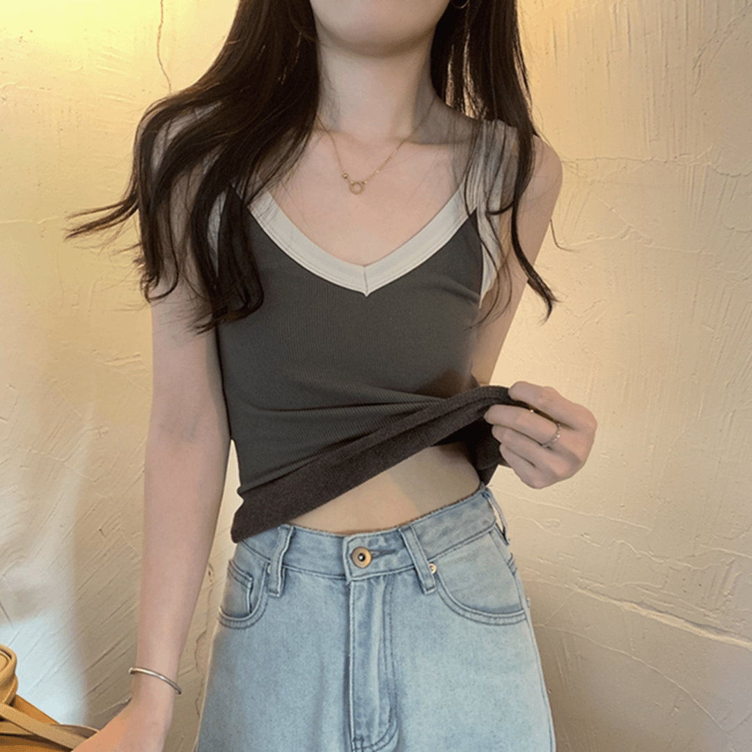 法式别致撞色v领修身保暖吊带背心女秋冬加绒加厚内搭打底衫上衣