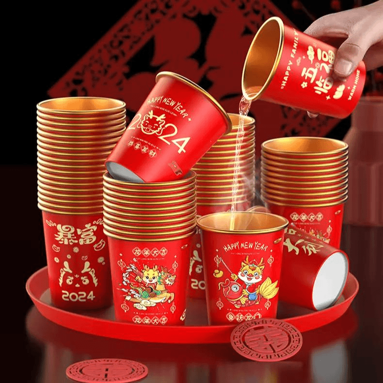 2024龙年卡通加厚一次性水杯春节家用年货新年喜庆红色过年茶杯