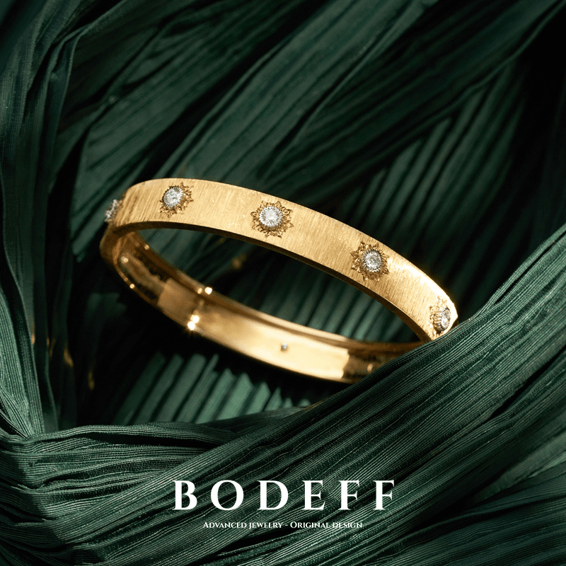 BODEFF/堡多芙18K金拉丝天然钻石手镯雕金宫廷风