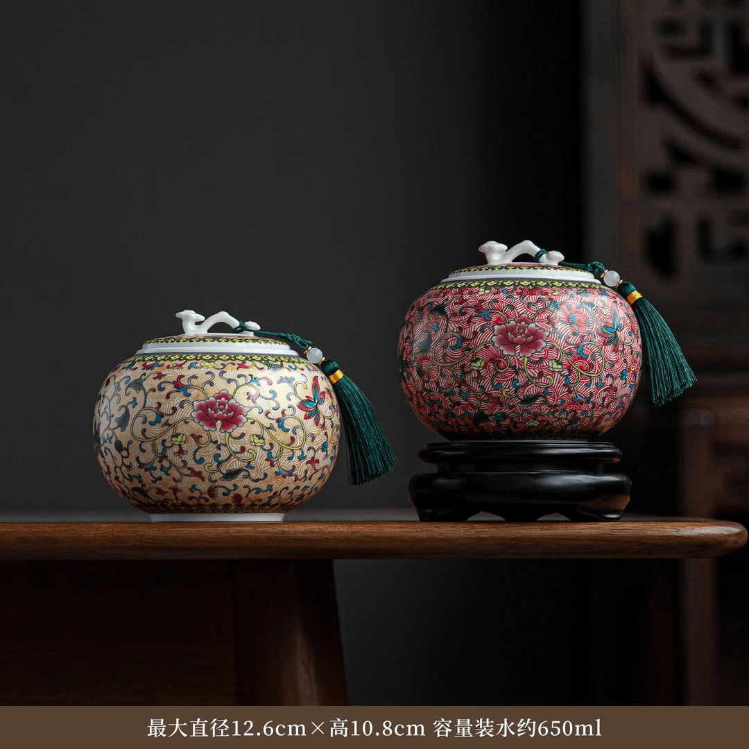 茶叶罐储物罐密封罐万茶叶罐花如玉珐琅彩手风中号便携缠枝