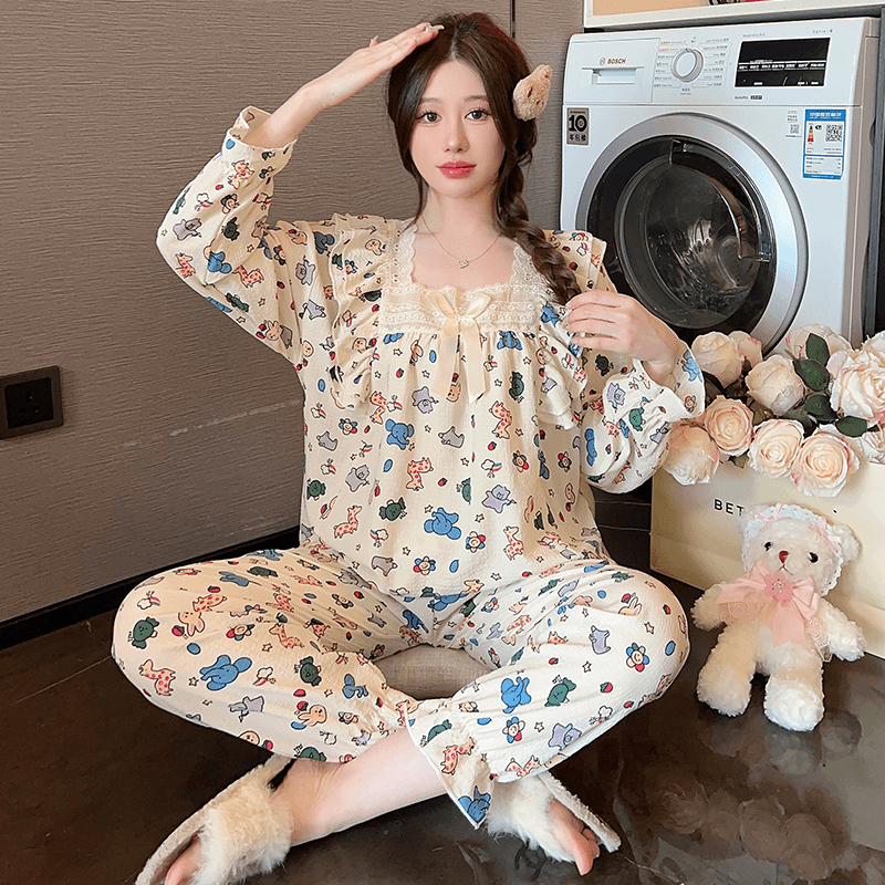 睡衣女春季新款泡泡棉长袖套装韩版宽松大码220斤可穿家居服