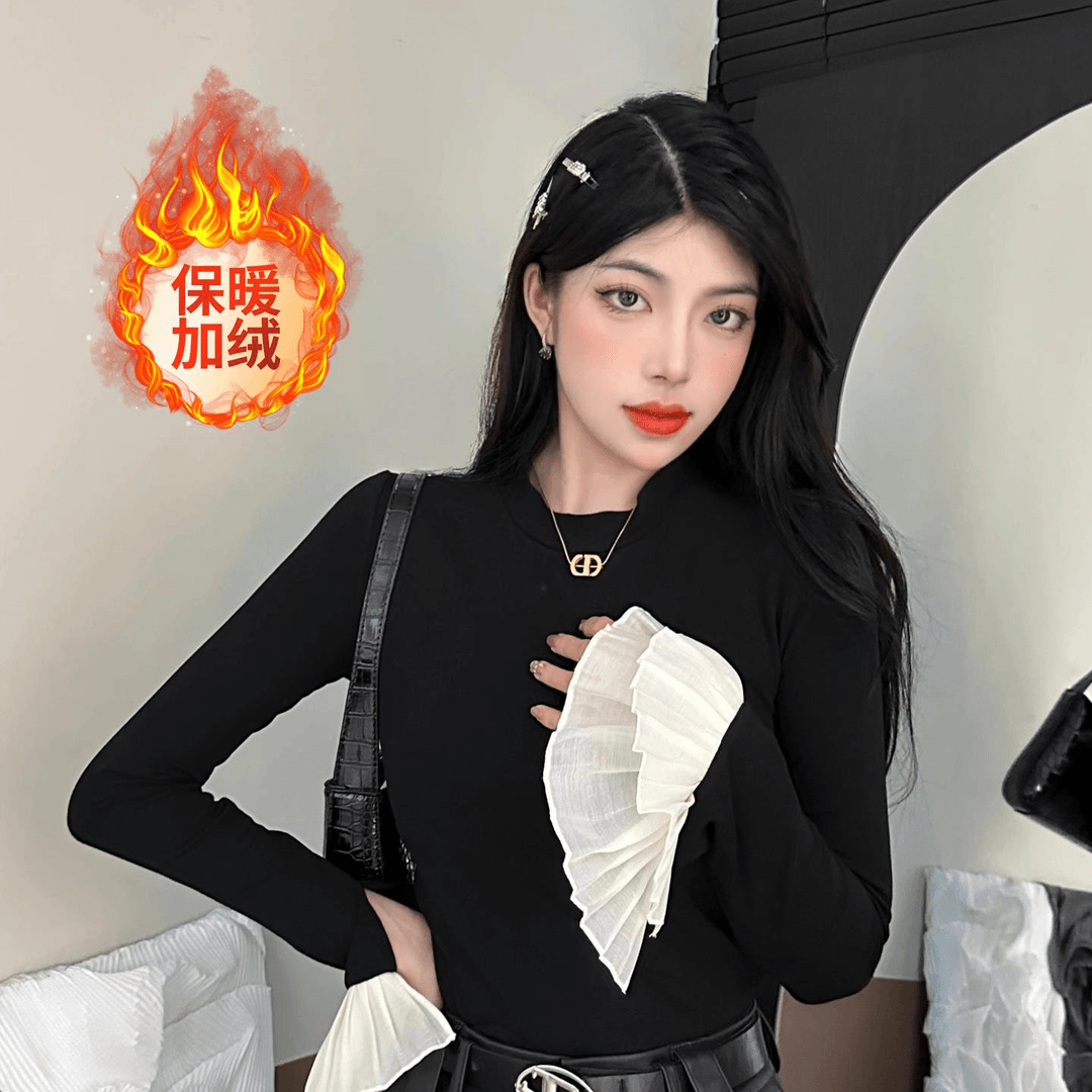 半高领内搭打底衫女秋冬季2024新款加绒双层袖长袖T恤喇叭袖上衣