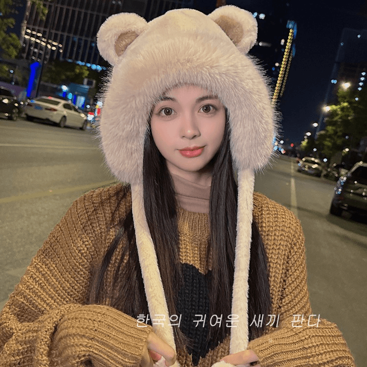 韩版可爱雷锋帽女秋冬季小熊耳朵毛绒帽加绒加厚骑行防寒护耳帽子