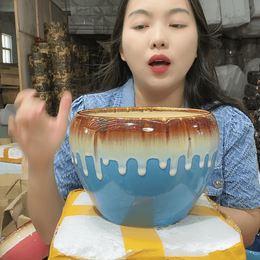 【闪购商品】陶瓷15cm以下浅蓝流釉19×15微瑕一只