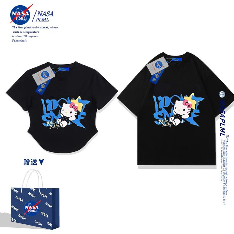 NASA联名一男一女hellokitty正肩短款纯棉短袖t恤女独特别致上衣