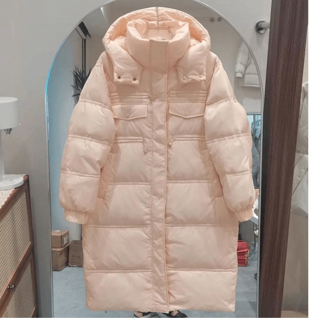 秋冬2023新款冬装多巴胺羽绒服女中长款过膝长款连帽收腰白鸭绒外
