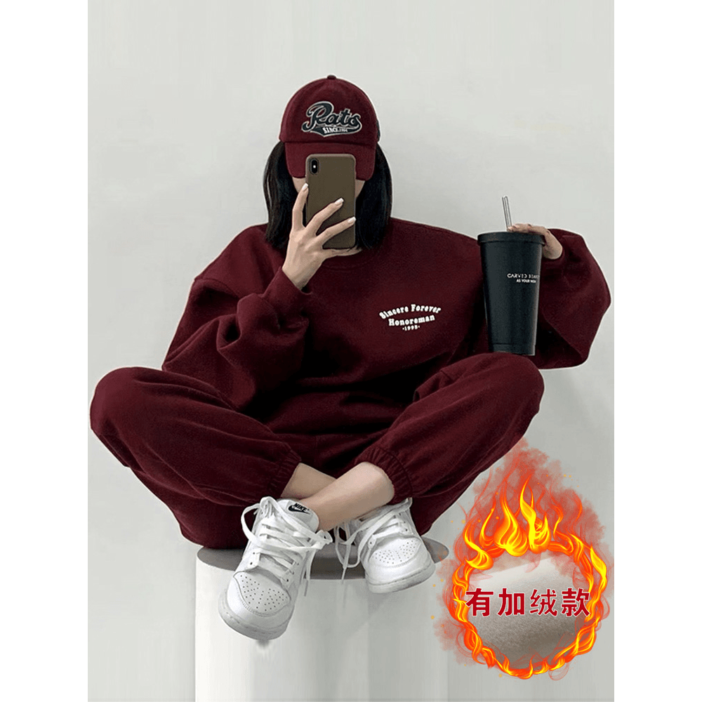 VTVK休闲运动服套装女春秋冬季时尚洋气美式复古加绒卫衣两件套