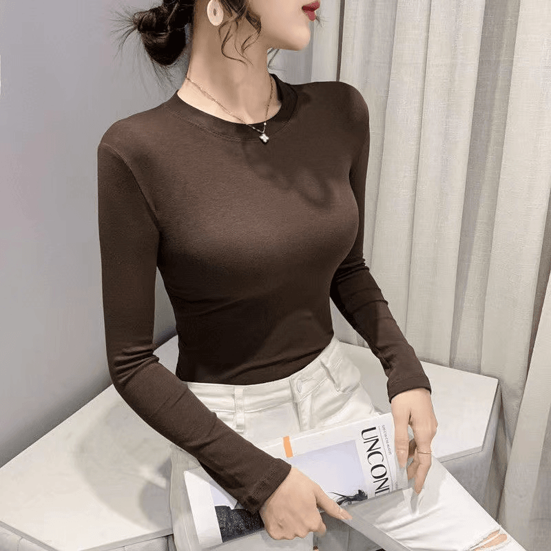 基础款简约小圆领长袖t恤糖果彩色秋冬内搭打底衫女修身显瘦上衣
