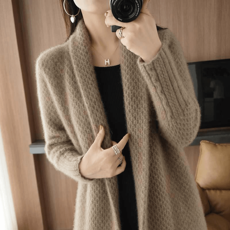 中长款100纯羊绒外套女秋冬新款宽松过膝毛衣麻花外搭绵羊毛开衫
