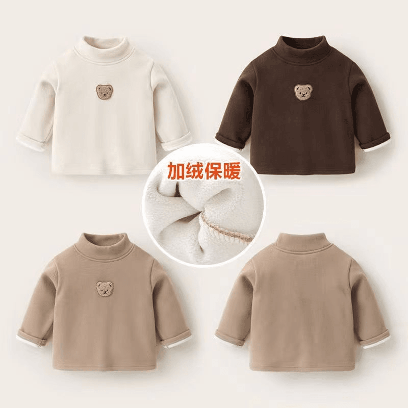 儿童半高领打底衫加厚一体绒2023冬季新款男宝宝纯色休闲保暖上衣