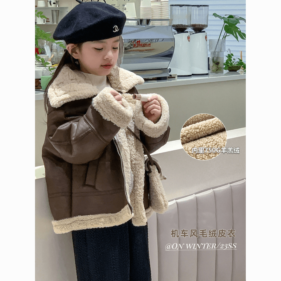 女童加绒皮衣2024秋冬装新款儿童加厚外套百搭上衣宝宝羊
