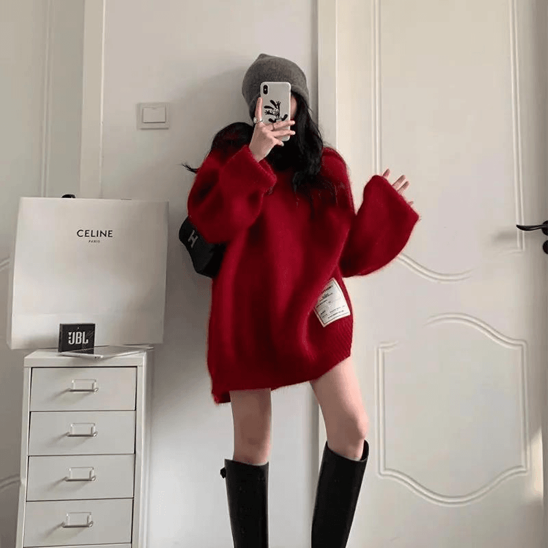 【非常厚】75-300斤加大码2023秋冬季新款连帽外套圣诞红色毛衣女