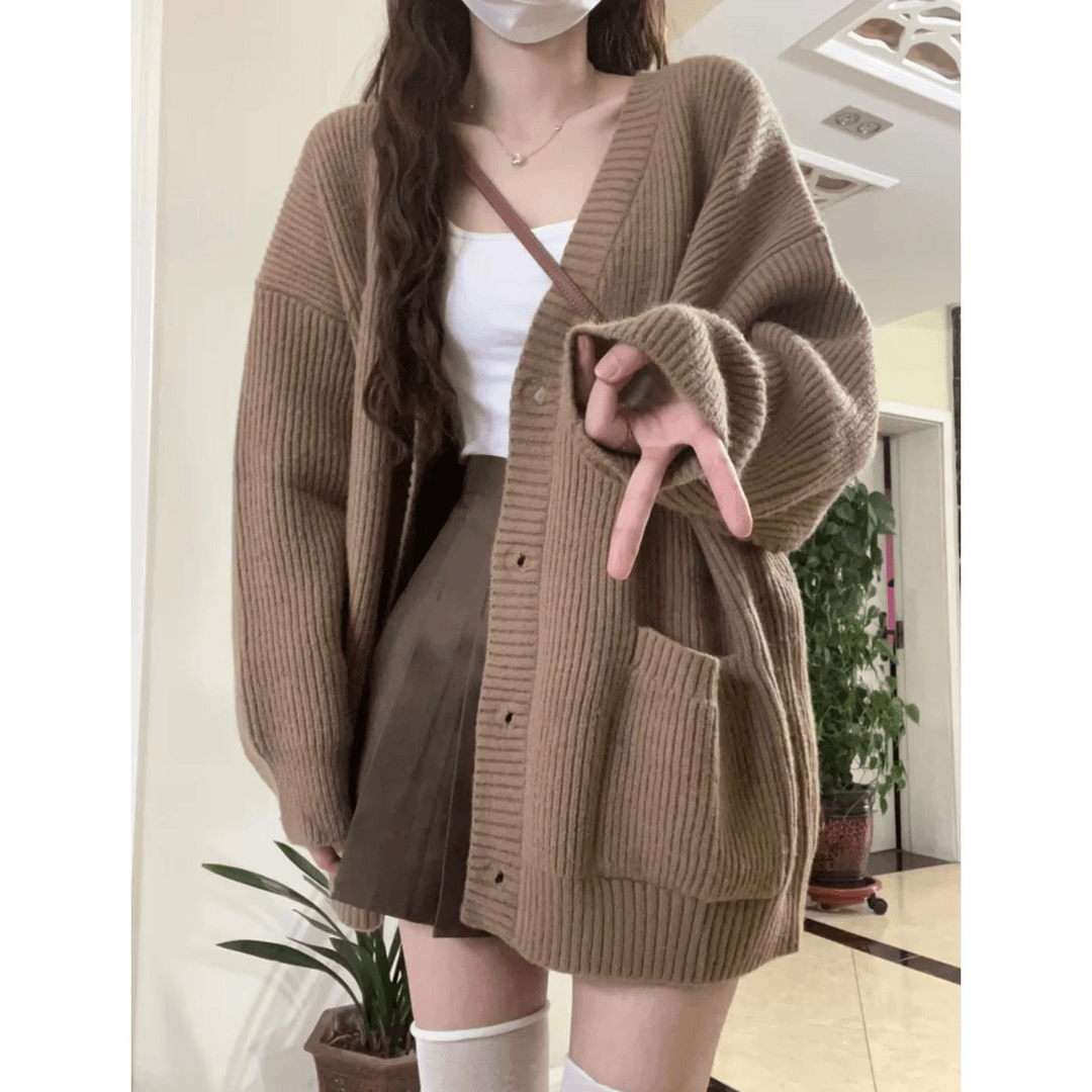 新款2023慵懒风V领单排扣毛衣开衫女外套春秋款韩版宽松针织上衣Y
