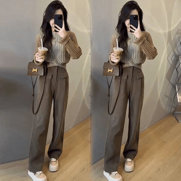 2023秋冬款百搭显瘦针织长袖女渐变圆领拼色毛衣显瘦休闲裤直筒裤