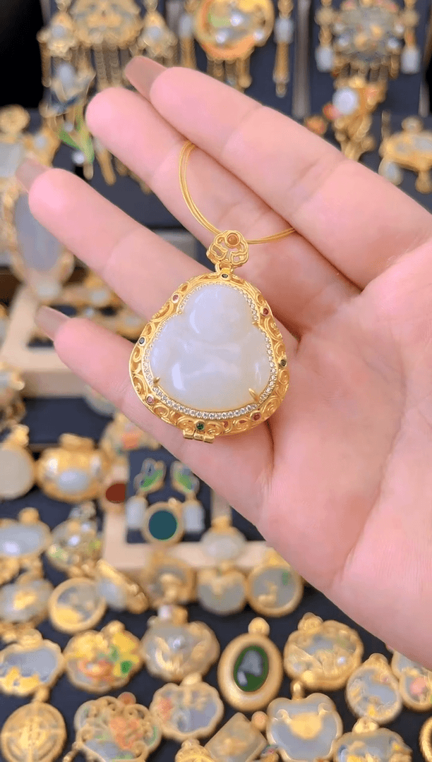 【闪购商品】和田玉吊坠银S925镀金镶嵌花丝镂空香囊佛公吊坠