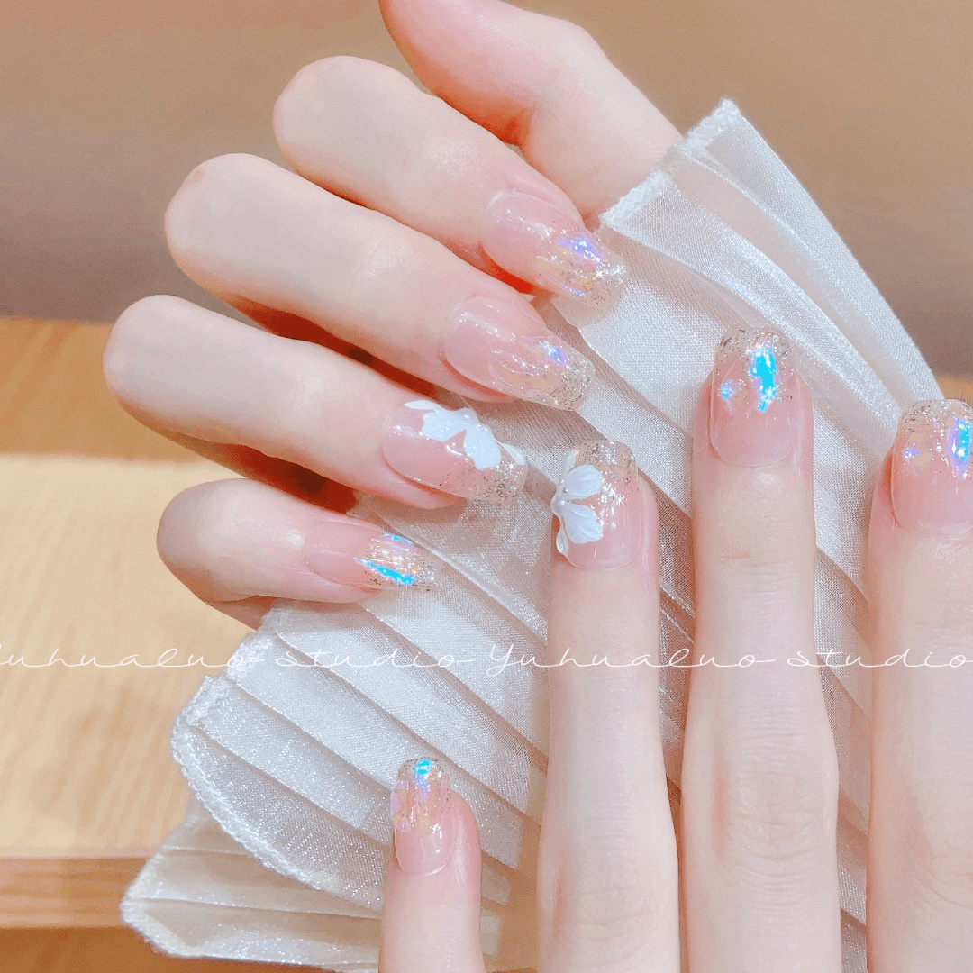 【水仙水仙】纯手工设计穿戴甲高端可拆卸美甲贴 手绘花朵极光钻