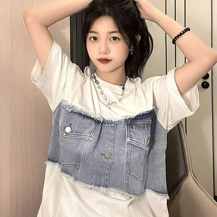 牛仔拼接短袖T恤女夏季大码女装宽松显瘦设计感小众美式潮上衣