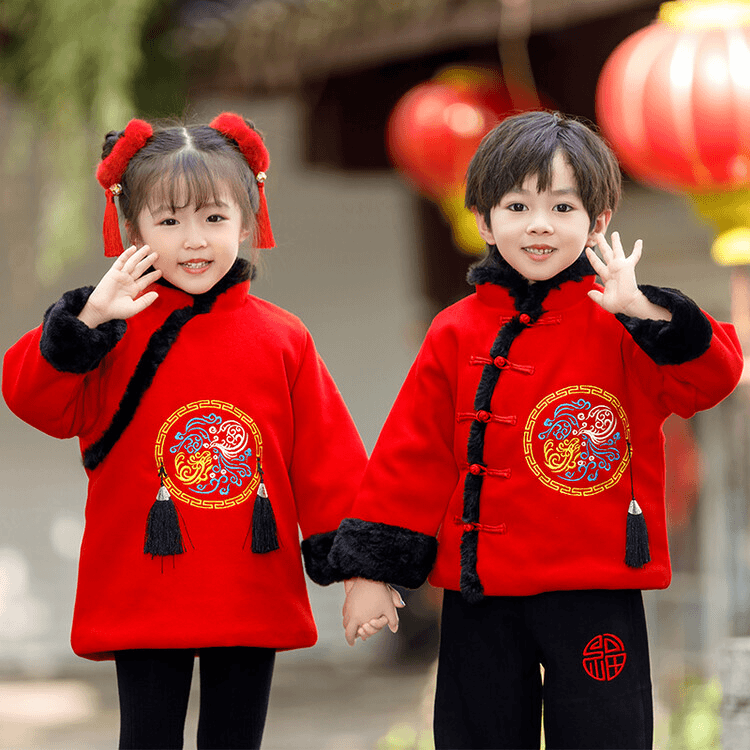 兄妹装儿童唐装汉服龙年刺绣加绒拜年服男童女童中国风加厚新年装