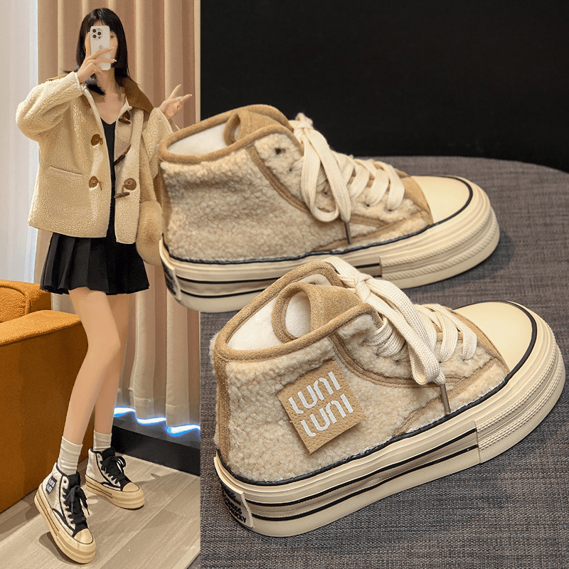 回力瑞2023冬季新款二棉鞋女高帮加绒帆布鞋韩版厚底保暖大头板鞋