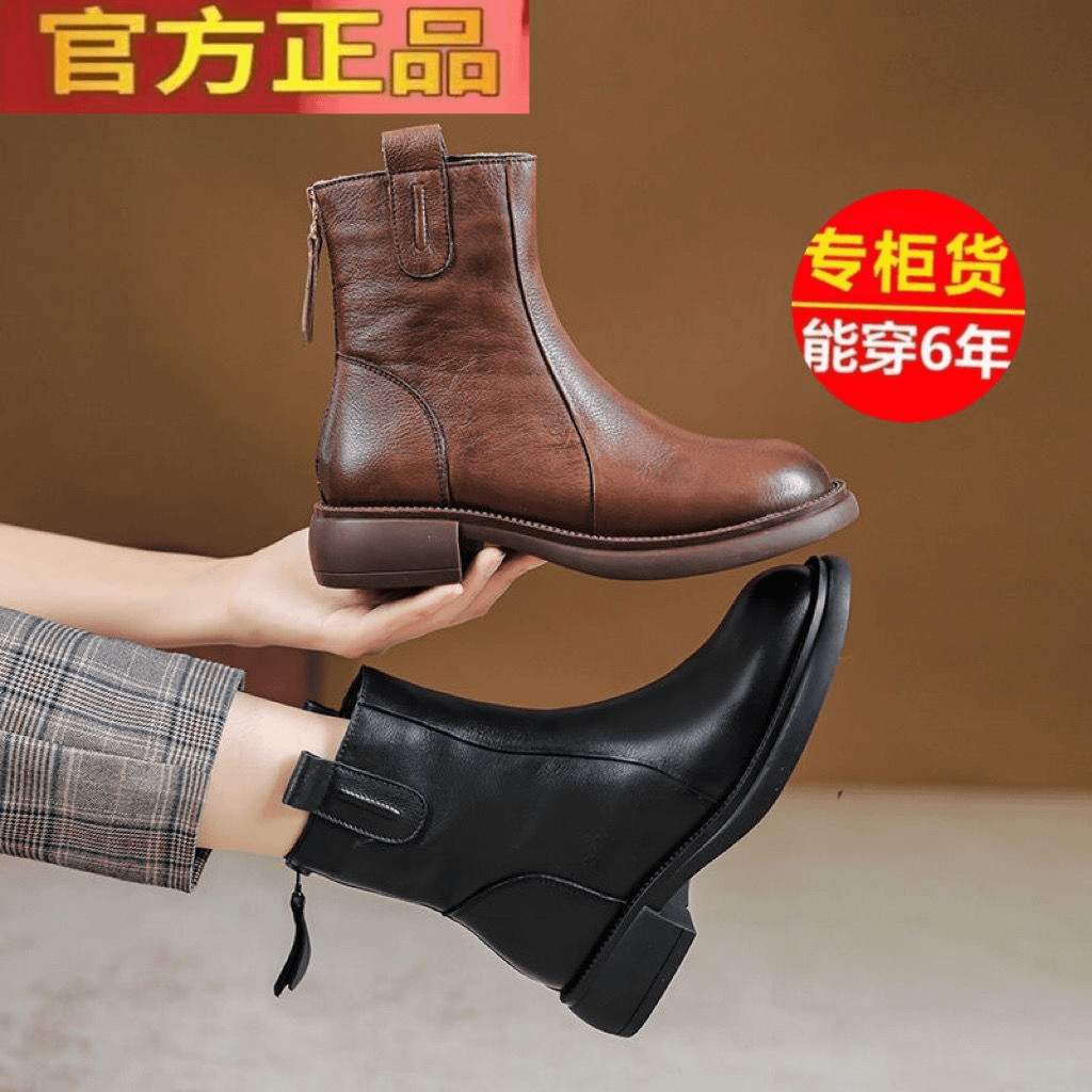 软皮冬季新款软皮短靴显脚小马丁靴女烟筒女短靴瘦瘦靴切尔西靴女