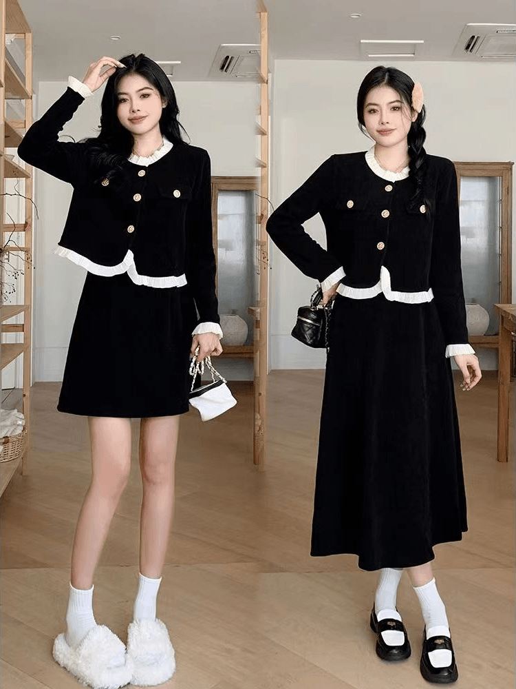 大码23小香风套装两件套新款木耳边秋冬气质显瘦遮肉半身裙灯芯绒