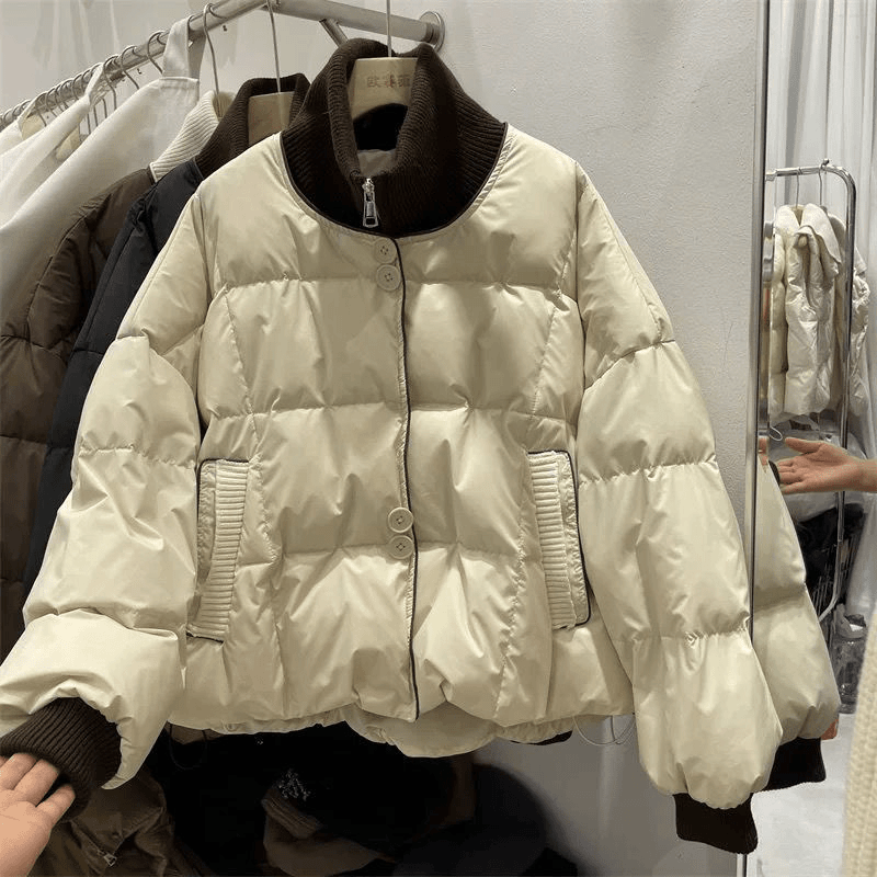 假两件针织翻领羽绒服女冬装新款时尚休闲白鸭绒面包服外套潮