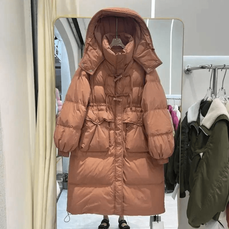 斤加大码冬季保暖羽绒服女中长款过膝连帽加厚胖mm白鸭绒外套