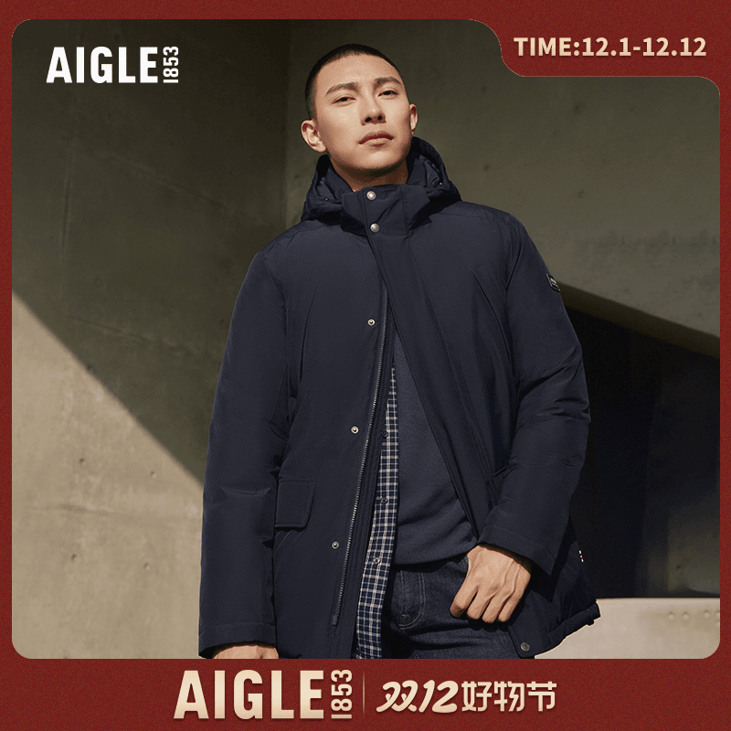 AIGLE/艾高冬季男士GORE-TEX防风保暖户外时尚白鹅绒中长款羽绒服