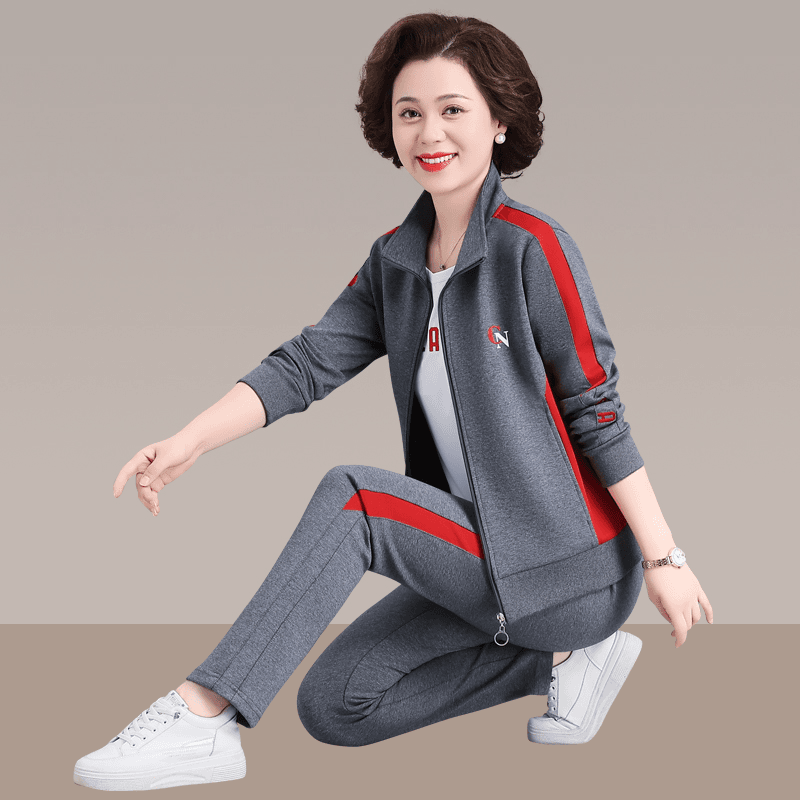 恩狐中老年运动套装女2023年春秋休闲三件套洋气宽松中年人运动服