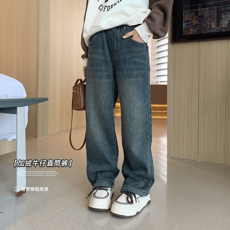 【特价清仓】女童加绒复古牛仔裤冬装一体绒保暖直筒裤春秋款中大