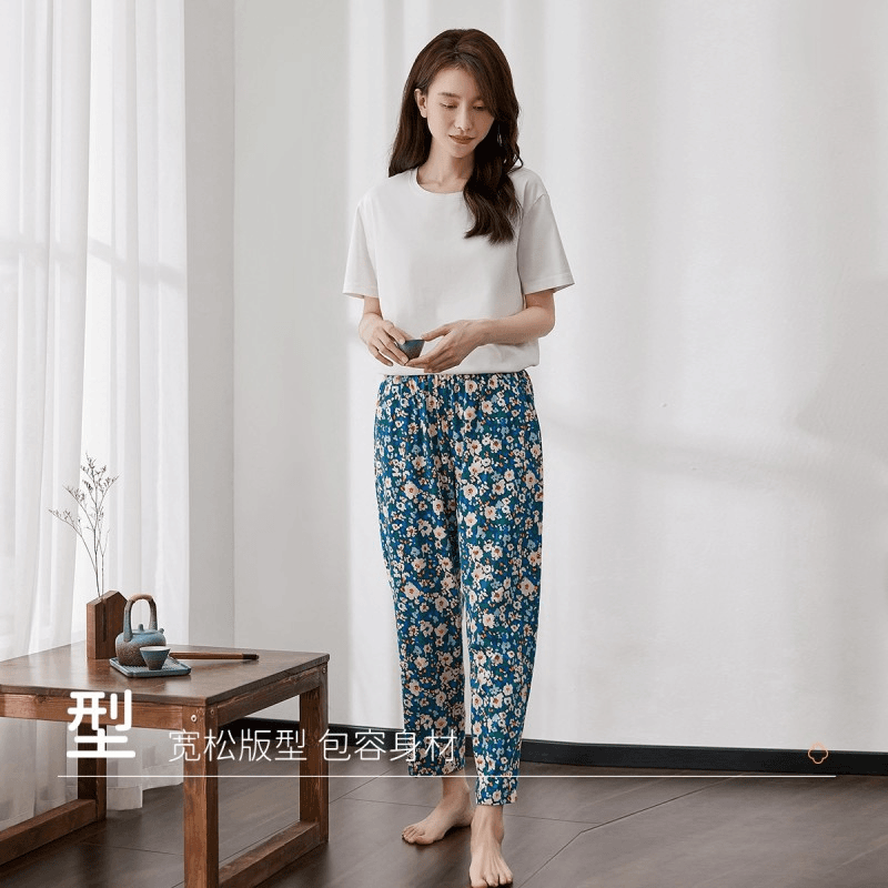 顶瓜瓜【樱花裤】纯棉大码女士印花睡裤薄款休闲裤可外穿简约宽松