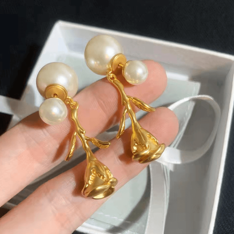 奥米迪奥 合金仿珍珠耳饰 复古玫瑰花朵珍珠耳钉高级感冷淡风耳环
