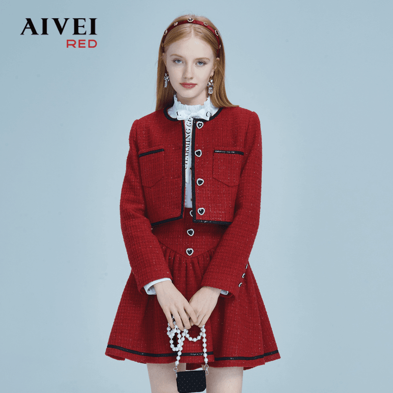 AIVEI气质毛呢红色小香风短外套短裙套装P066S025