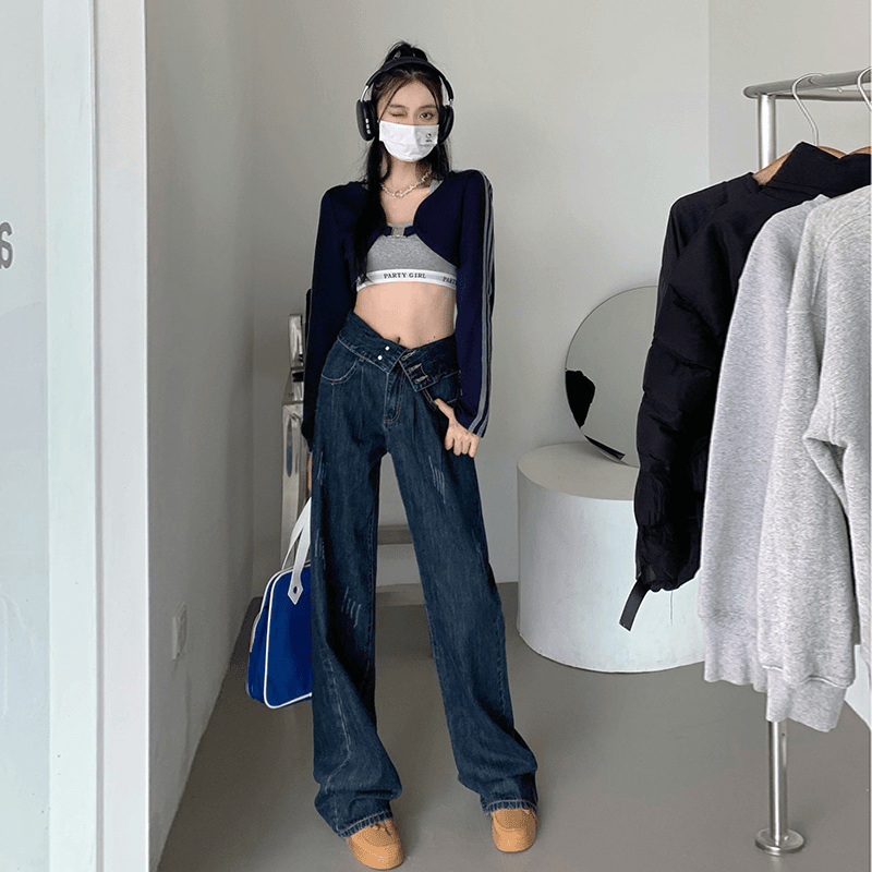 新款水洗黑复古阔腿牛仔裤女高腰显瘦宽松休闲直筒垂感拖地裤子潮