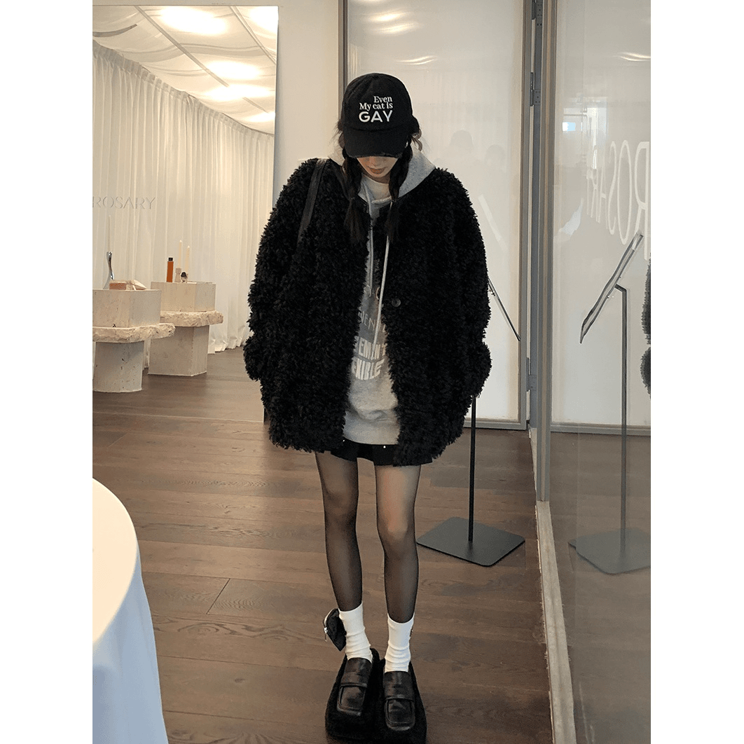 黑色小香风2023新款环保面料女冬季小个子大衣短款高级感毛毛外套