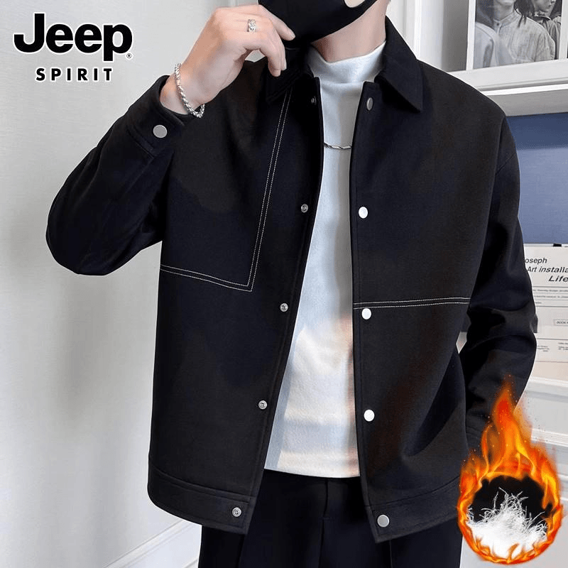 Jeep吉普冬季黑色毛呢夹克男士春秋短款翻领高级感加棉呢子外套男