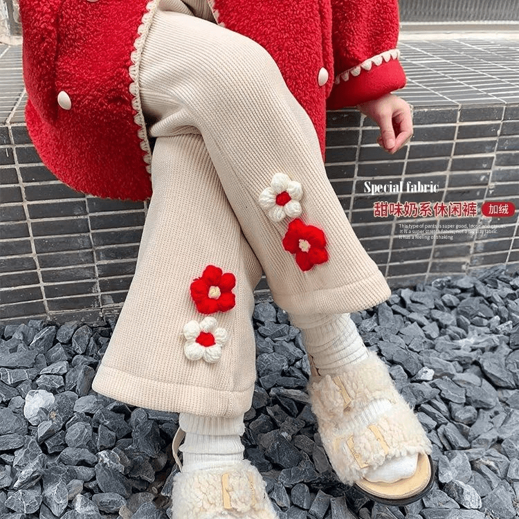 巴拉女童加绒裤子冬装洋气儿童花朵灯芯绒加厚小女孩冬冬季条绒cx