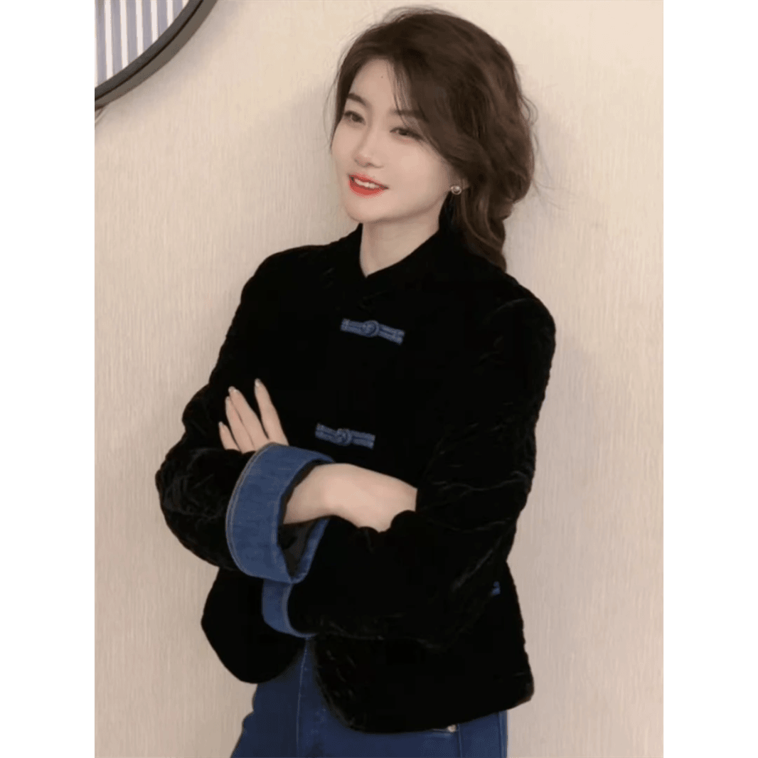 新中式国风盘扣立领拼接棉衣女2023秋冬季新款百搭感夹棉外套