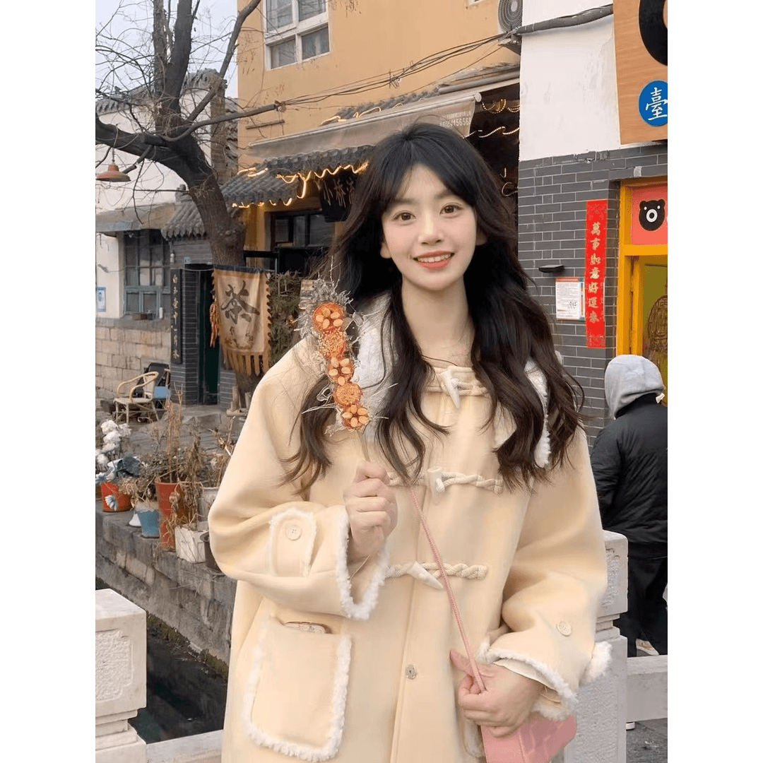 设计感牛角扣大衣小个子2023新款高级感小众连帽中长款毛呢外套女