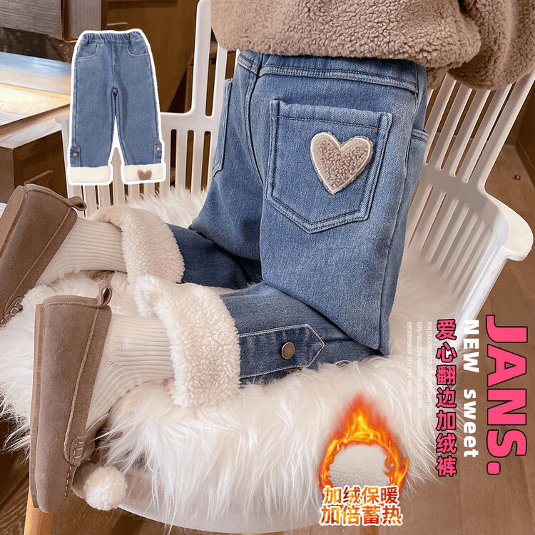 女童加绒裤子秋冬款2023新款一体绒儿童加厚女宝宝冬牛仔潮酷长裤