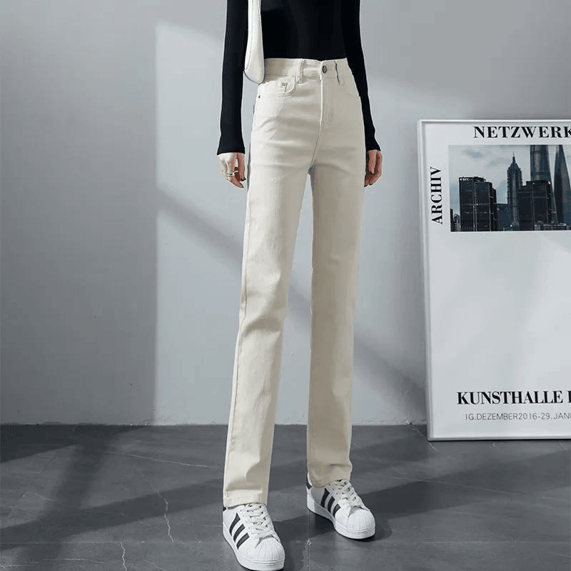 加绒高腰直筒裤牛仔裤女2024秋冬新款百搭米白色裤子显瘦烟管裤子