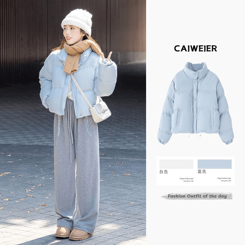 雅鹿蓝色小个子短款肯豆风羽绒服高领面包服小香风外套女2023新款