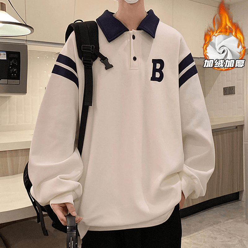 刺绣撞色polo领加绒卫衣男秋季加肥加大码潮胖人宽松街头痞帅外套
